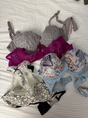 Victoria's Secret Lace & Paisley Bra Set - Gray, Fuchsia, Light Blue
